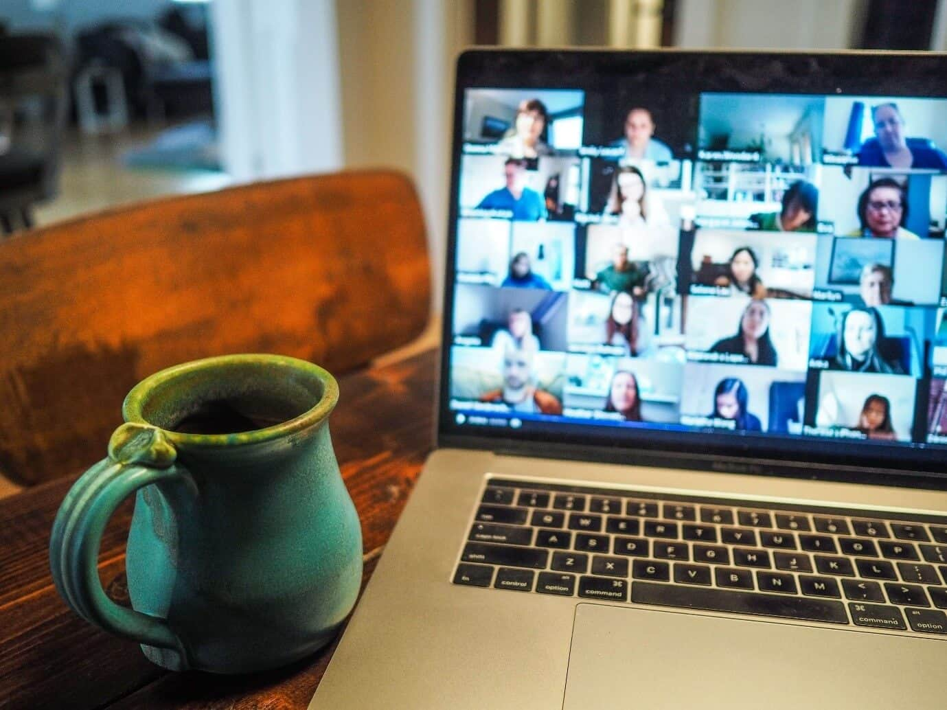 Friends online video conference by computer. Young people chat with each  other virtually in video call